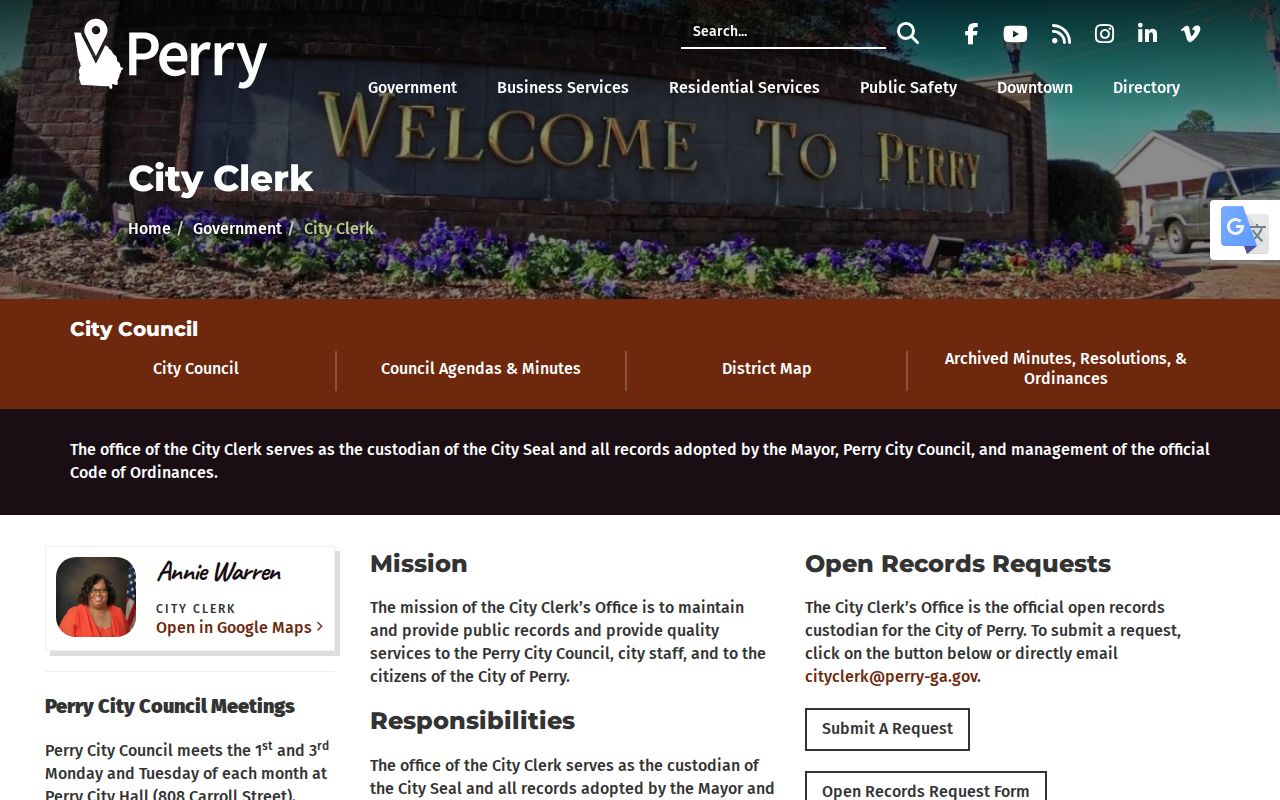 Perry City Clerk open records request information